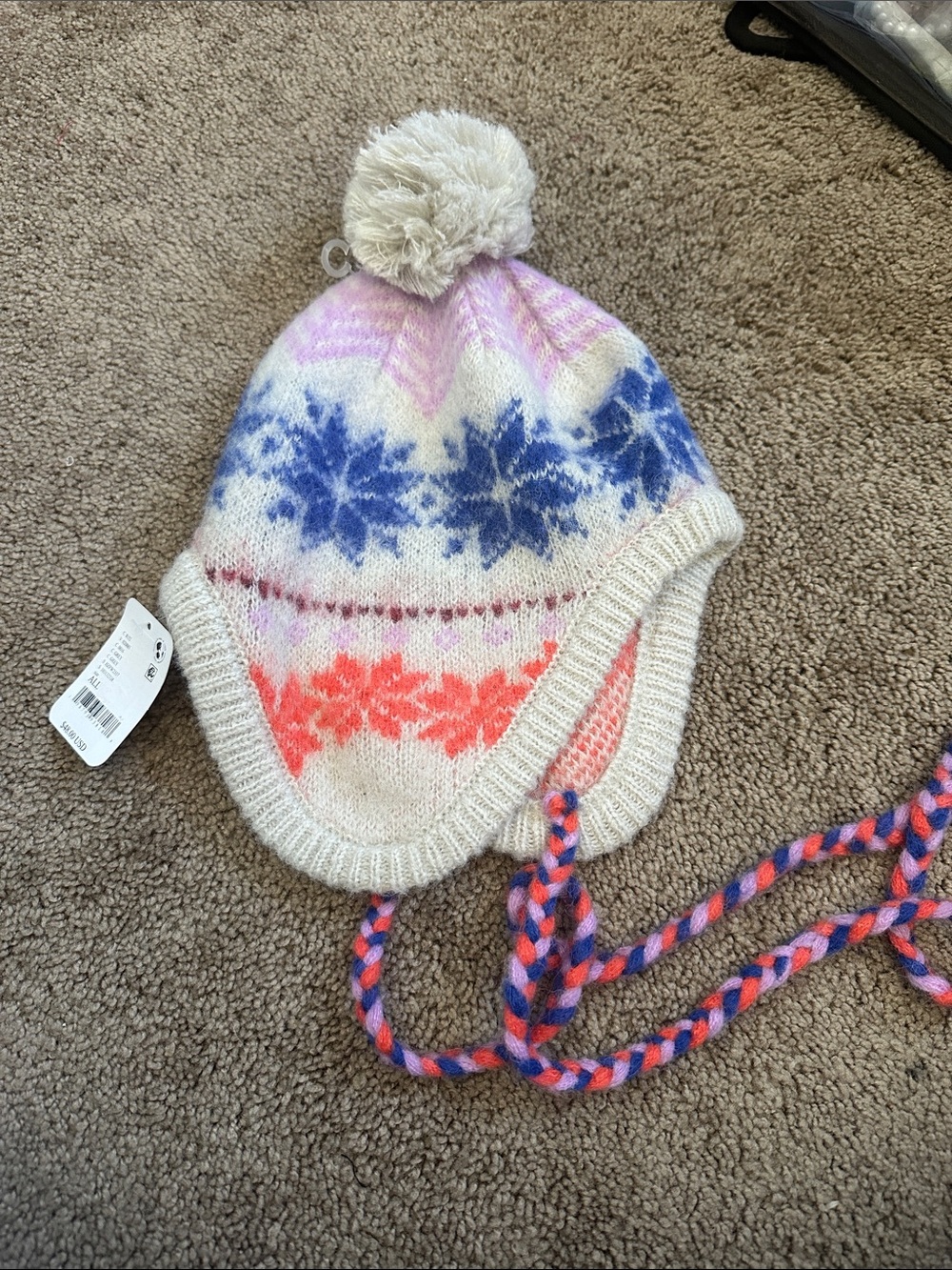 Free People Kids Earflap Pom Beanie in White with Blue, Pink & Coral Snowflakes